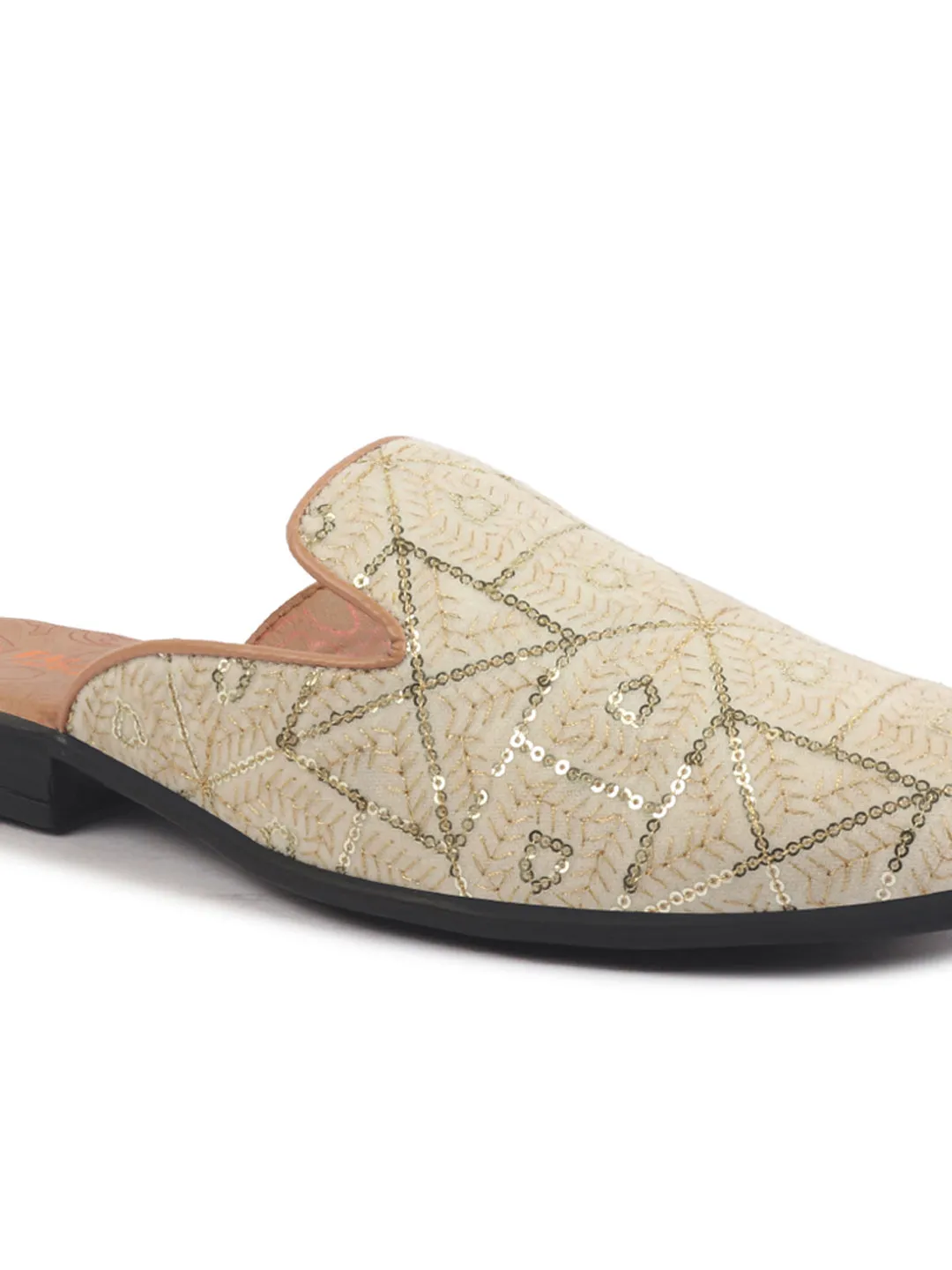 Men Cream Glittering Gold Highlights Embroidered Velvet Slip On Shoe|Traditional Ethnic Juttis for Wedding|Back Open Mules for Festive