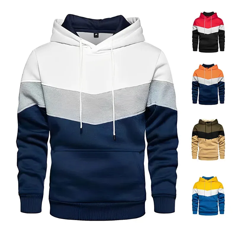 Men's Patchwork Hoodie - Casual Streetwear Fleece Thermal Hooded Sweatshirt