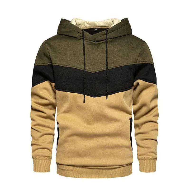 Men's Patchwork Hoodie - Casual Streetwear Fleece Thermal Hooded Sweatshirt