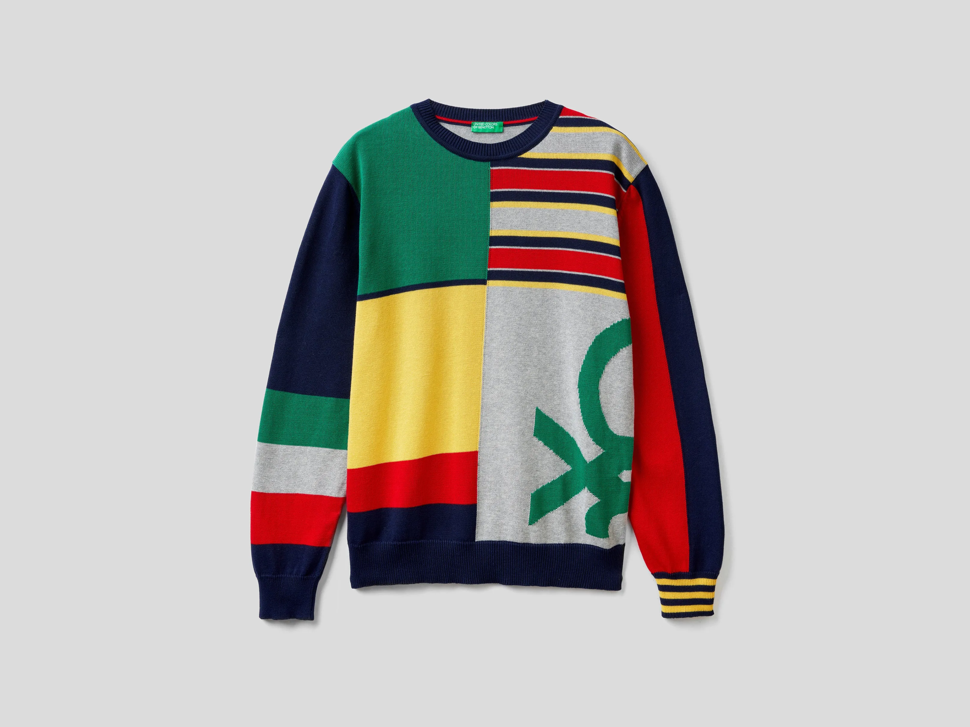 Mens Striped and Patchwork Round Neck Sweater