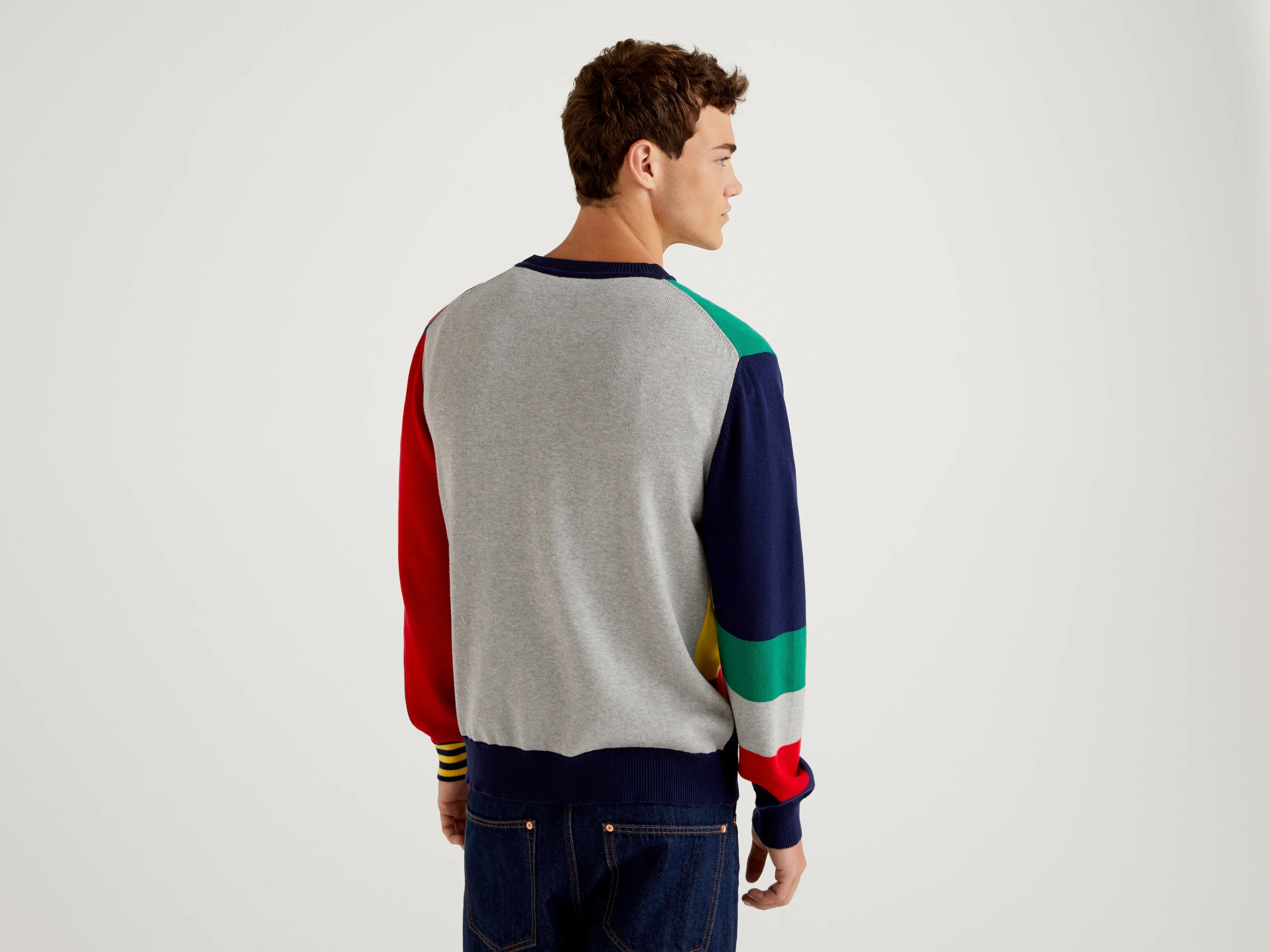 Mens Striped and Patchwork Round Neck Sweater