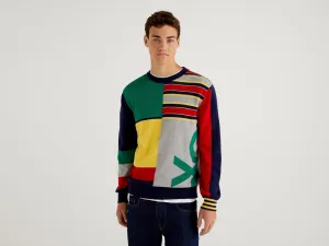 Mens Striped and Patchwork Round Neck Sweater