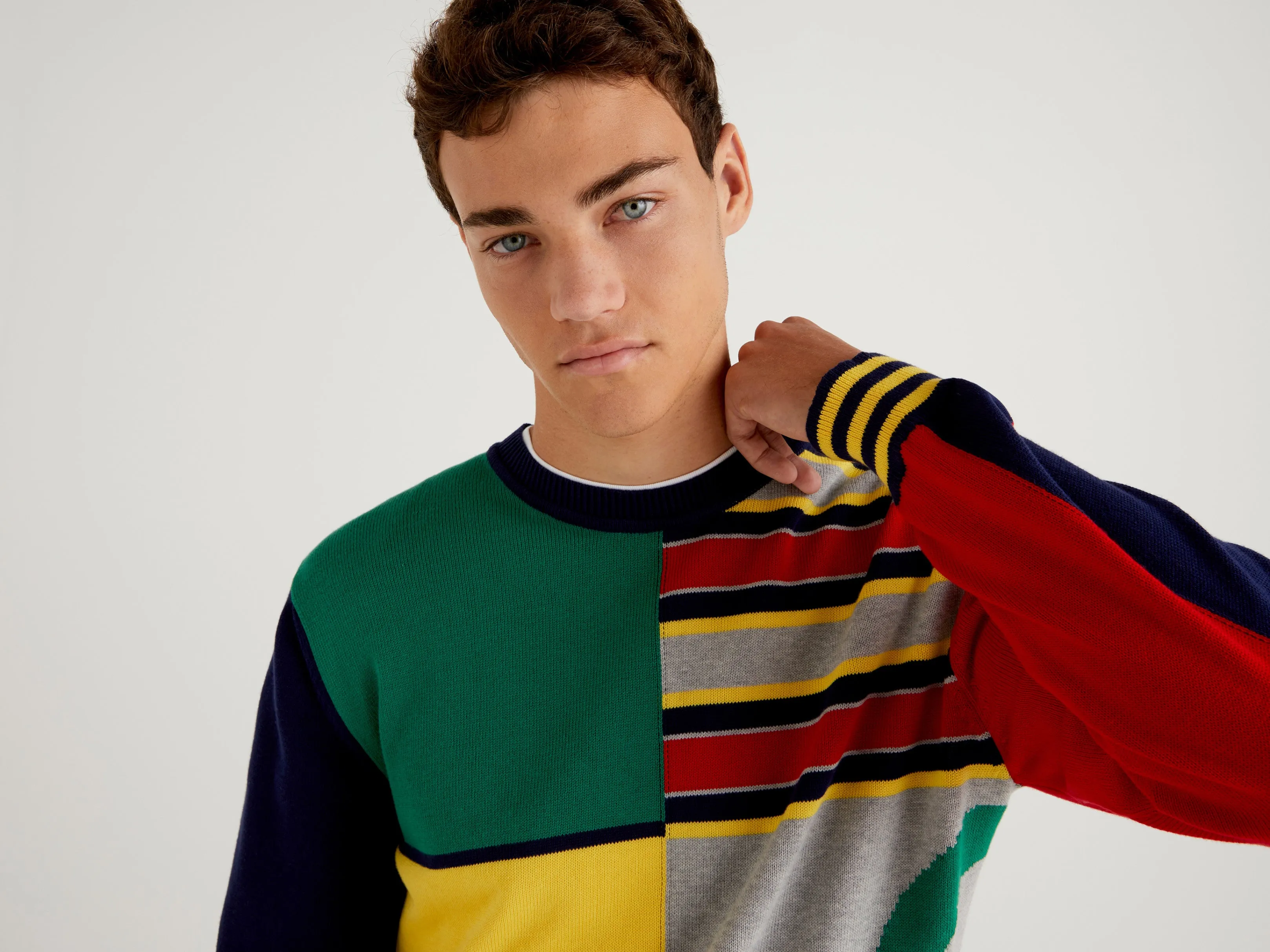 Mens Striped and Patchwork Round Neck Sweater
