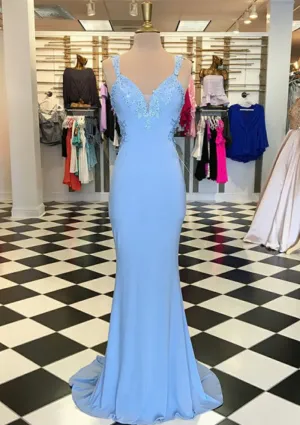 Mermaid Strap Open Back Sky Blue Elastic Satin Evening Dress