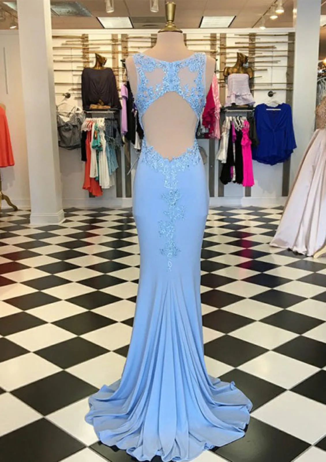 Mermaid Strap Open Back Sky Blue Elastic Satin Evening Dress