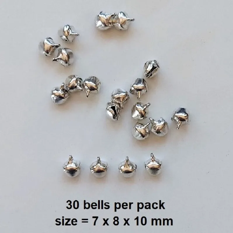 Metal miniature bells in shiny silver, 7 x 8 x 10 mm - pack of 30 pieces