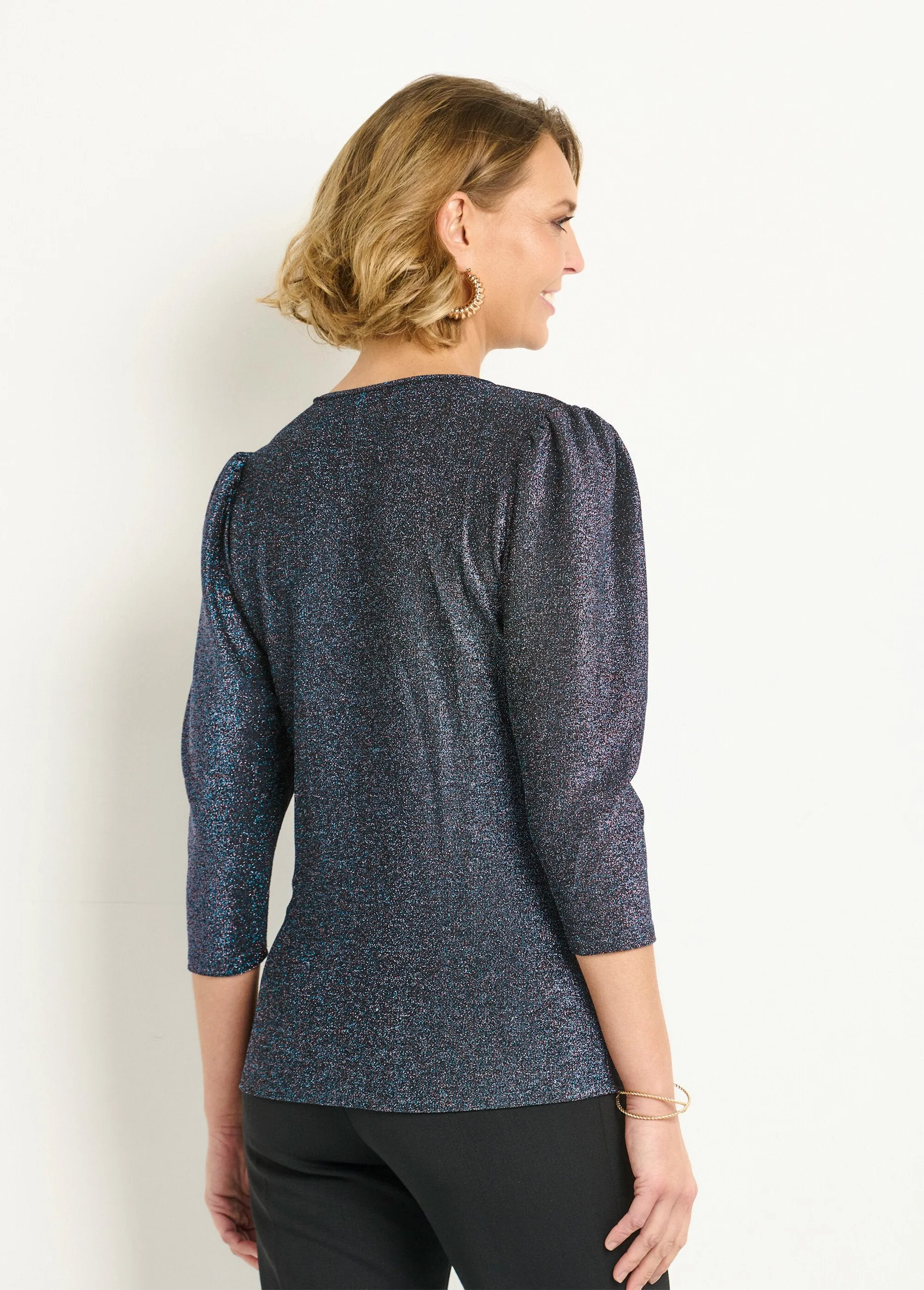 Metallic V-neck T-shirt with 3/4 sleeves