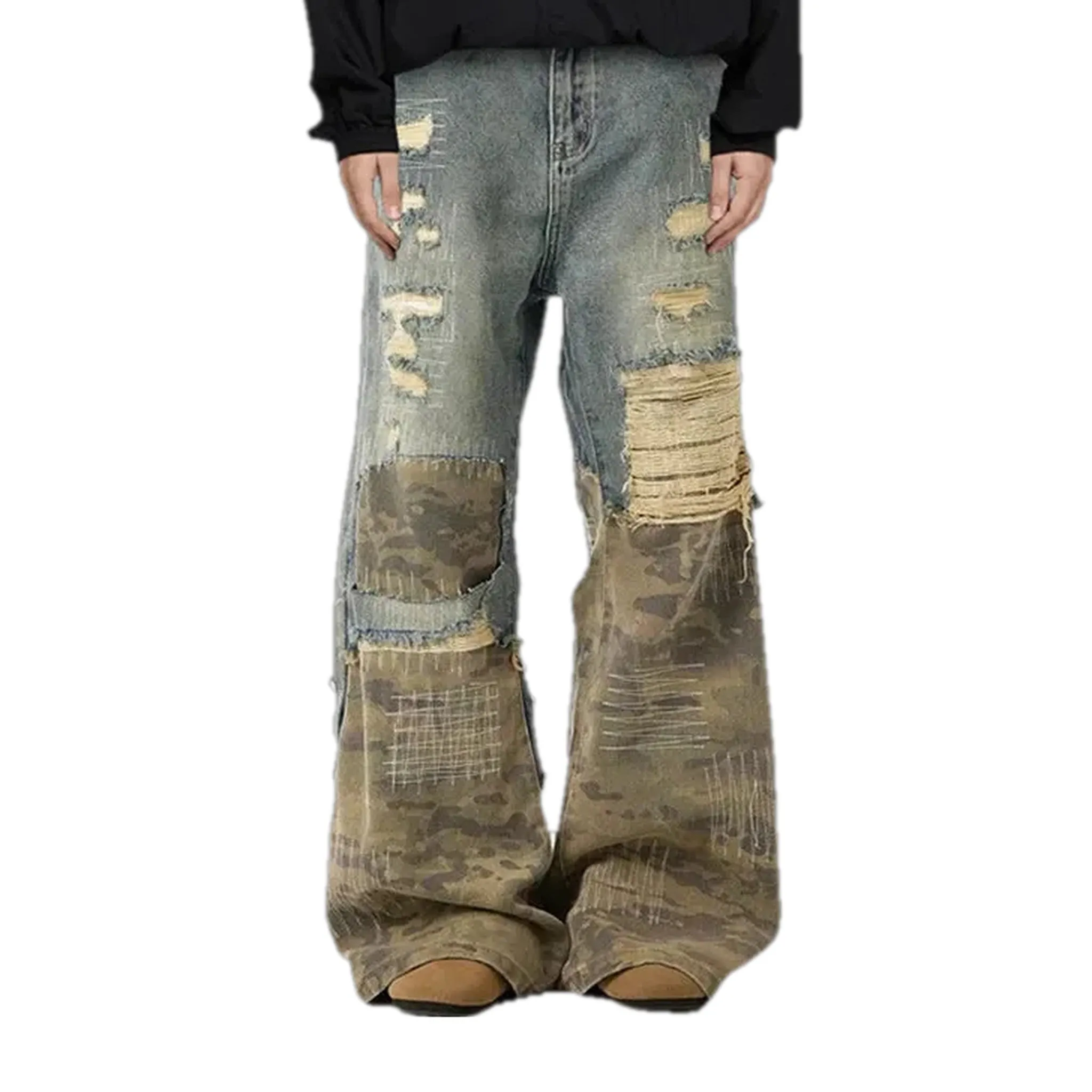 Mid-rise torn mixed fashion men's jeans