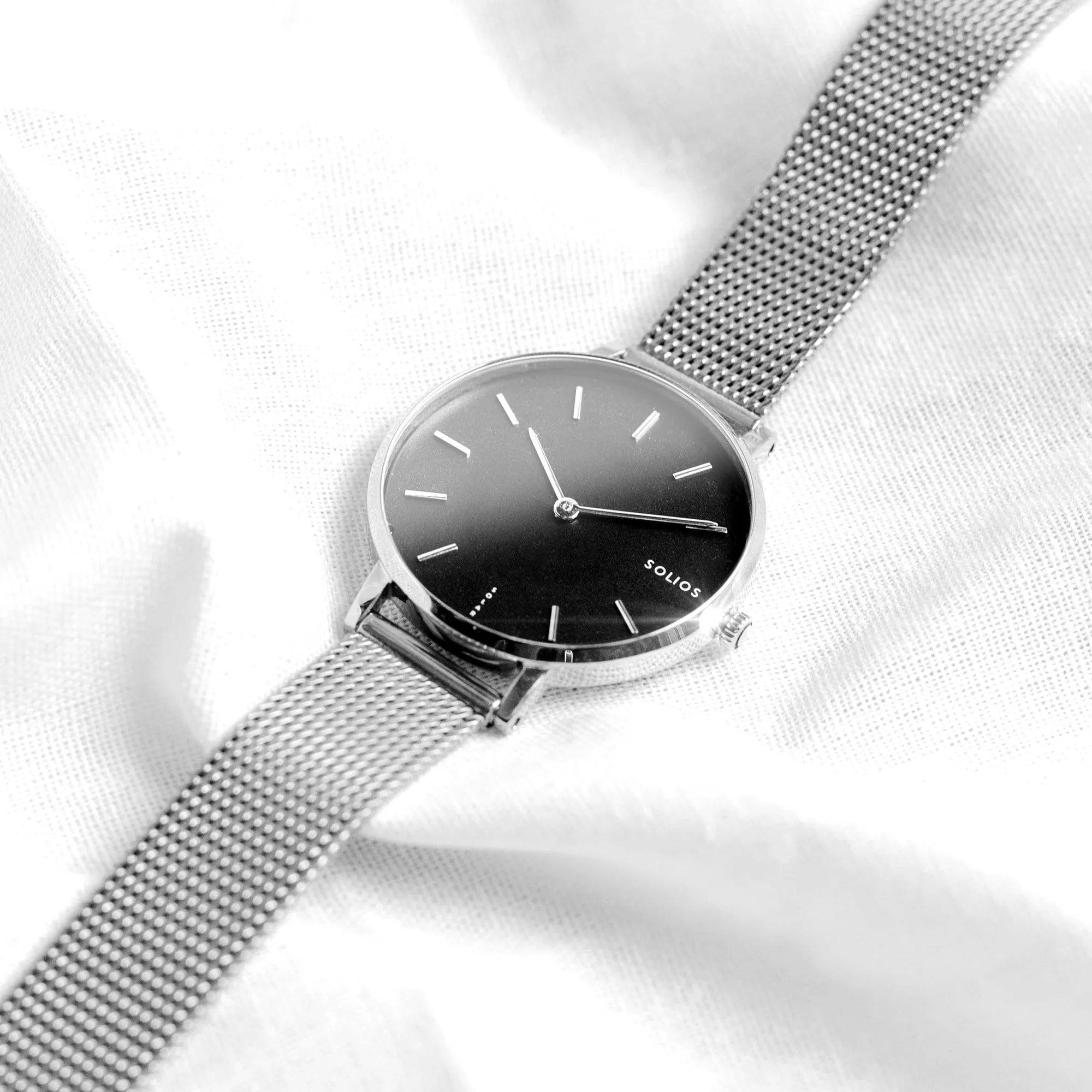 Mini Solar Watch with Black & Silver Dial  | Silver Mesh Strap