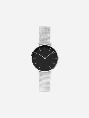 Mini Solar Watch with Black & Silver Dial  | Silver Mesh Strap