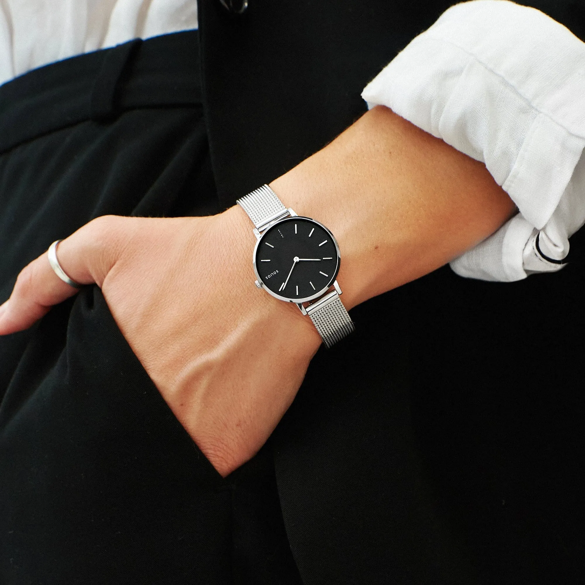 Mini Solar Watch with Black & Silver Dial  | Silver Mesh Strap