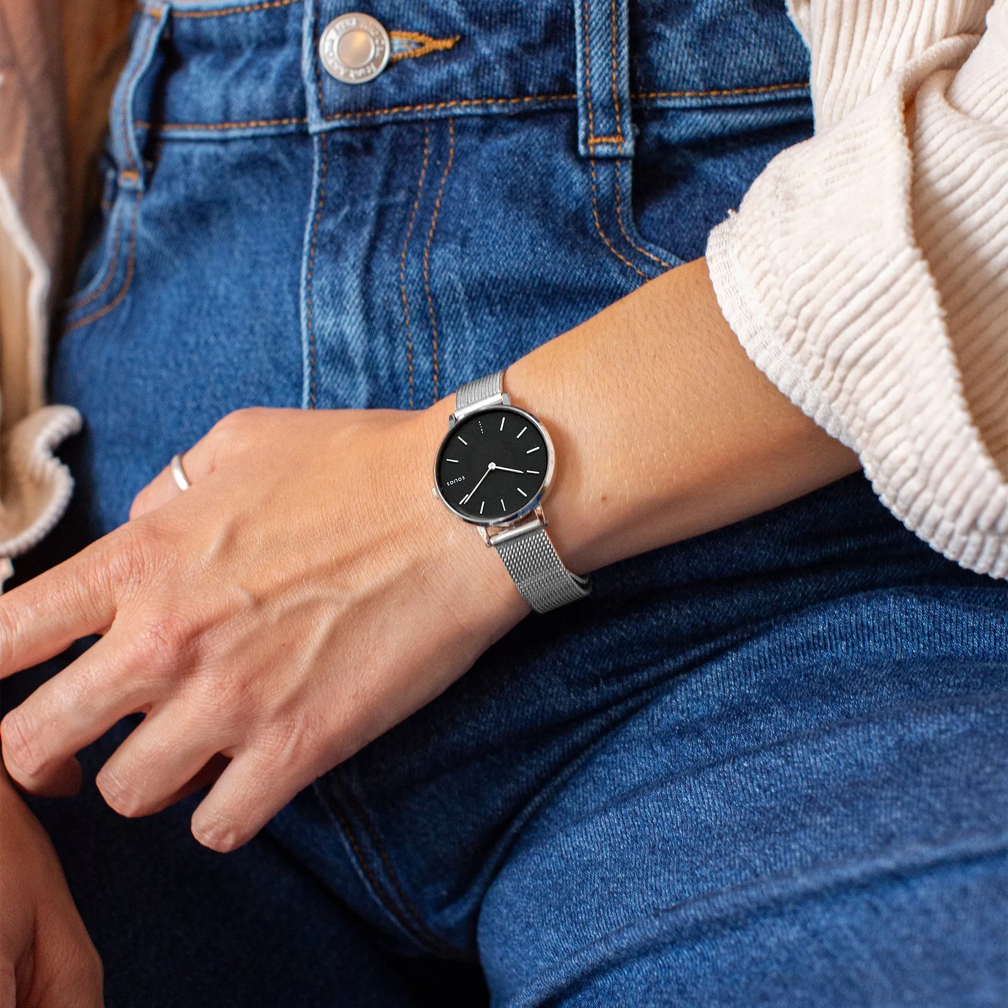 Mini Solar Watch with Black & Silver Dial  | Silver Mesh Strap