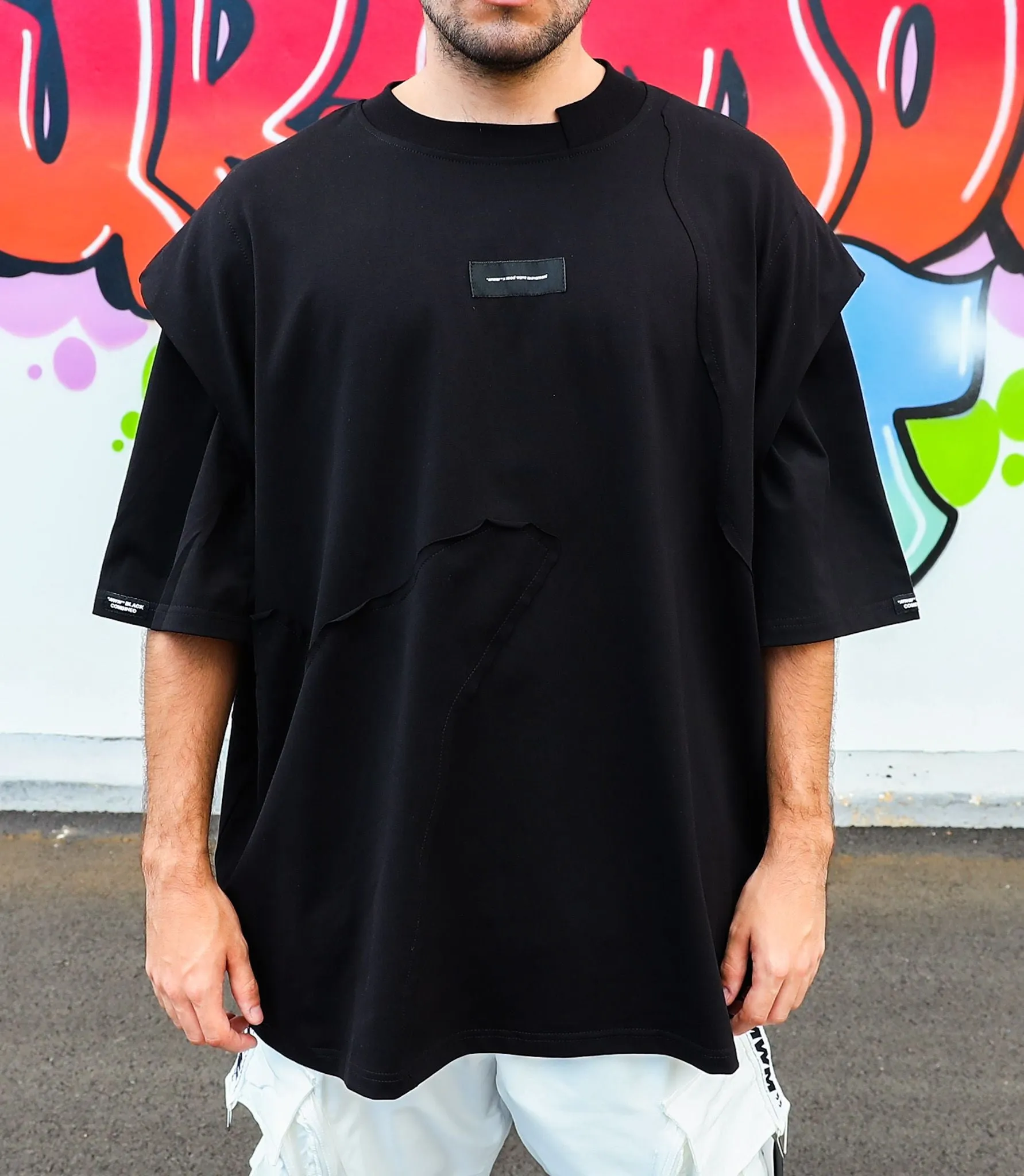 Mod Wave Movement Patchwork T-Shirt- Black