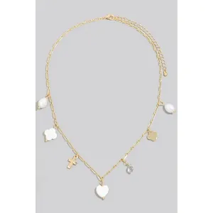 Mother of Pearl Clover and Heart Charms Chain Necklace