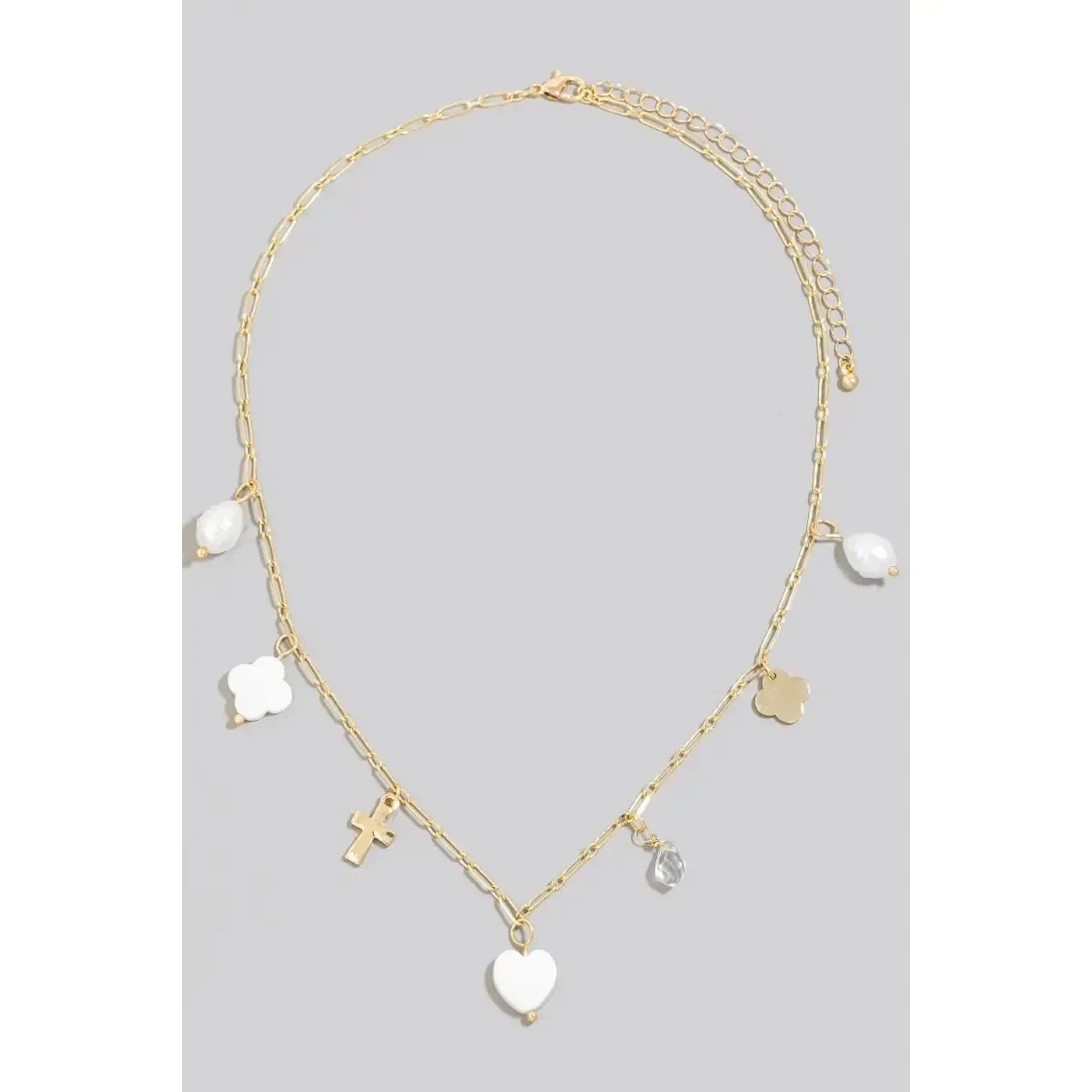 Mother of Pearl Clover and Heart Charms Chain Necklace