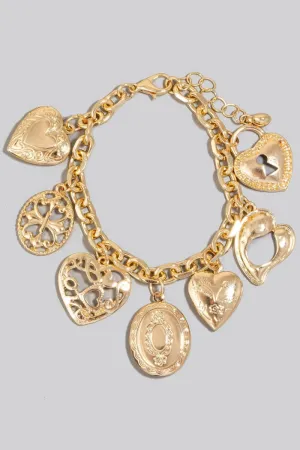 MULTI INTRICATE HEART CHARMS CHAIN BRACELET