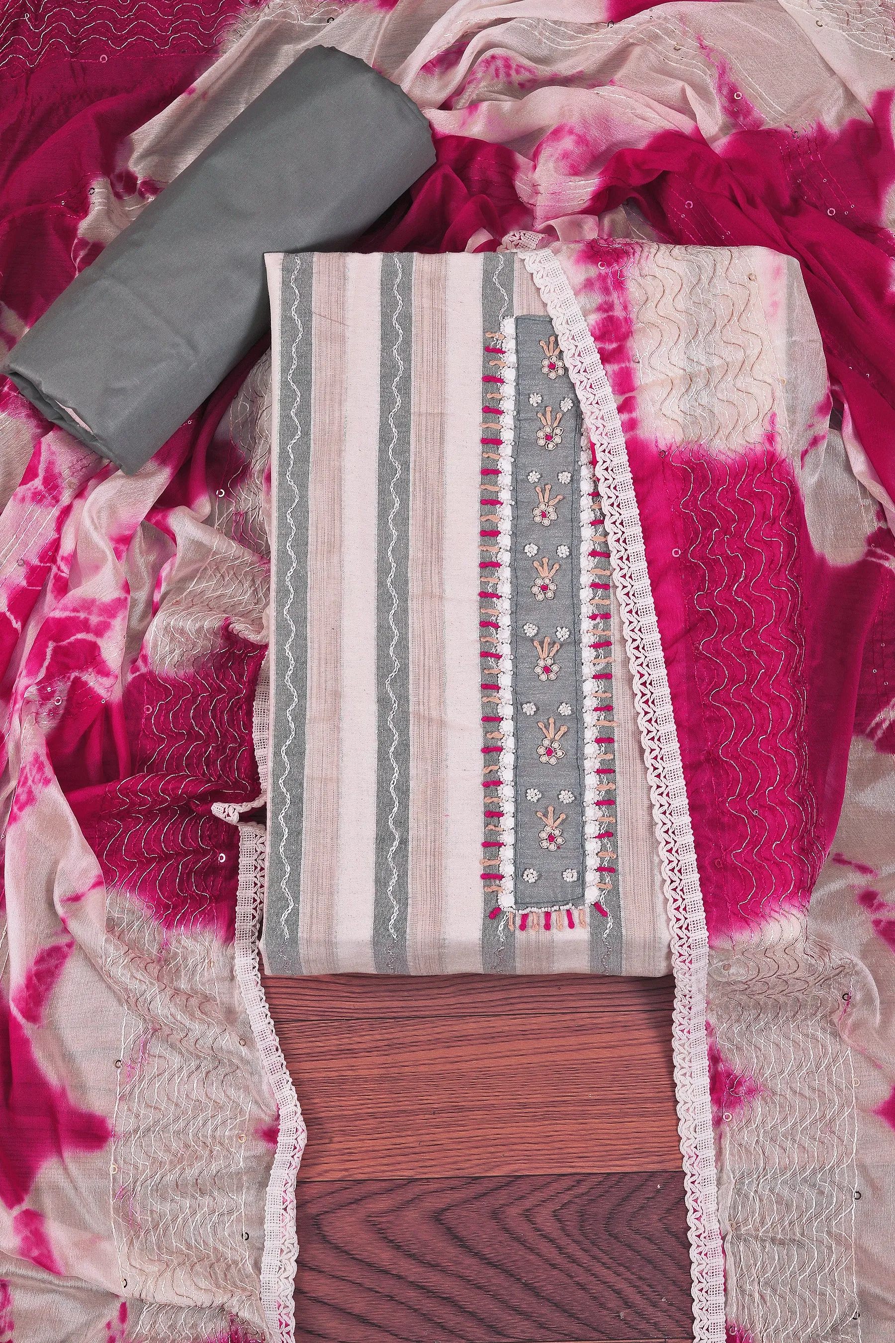 Multicolor Unstitched Floral Printed Beads and Stones Dress Material With Dupatta