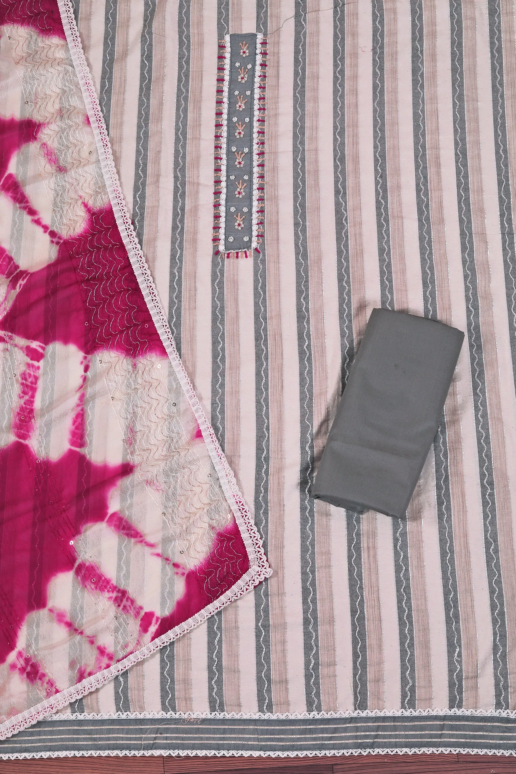Multicolor Unstitched Floral Printed Beads and Stones Dress Material With Dupatta