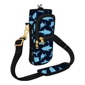 Multiple Blue Sharks Pencil Sketch Bottle Carrier with Deep Blue Ocean Background