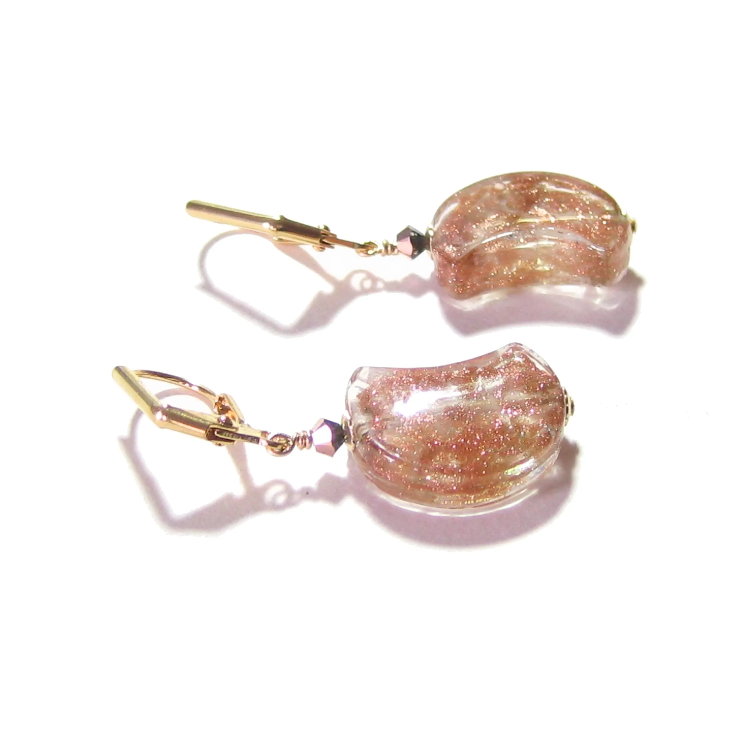 Murano Glass Copper Moon Gold Earrings, Italian Jewelry