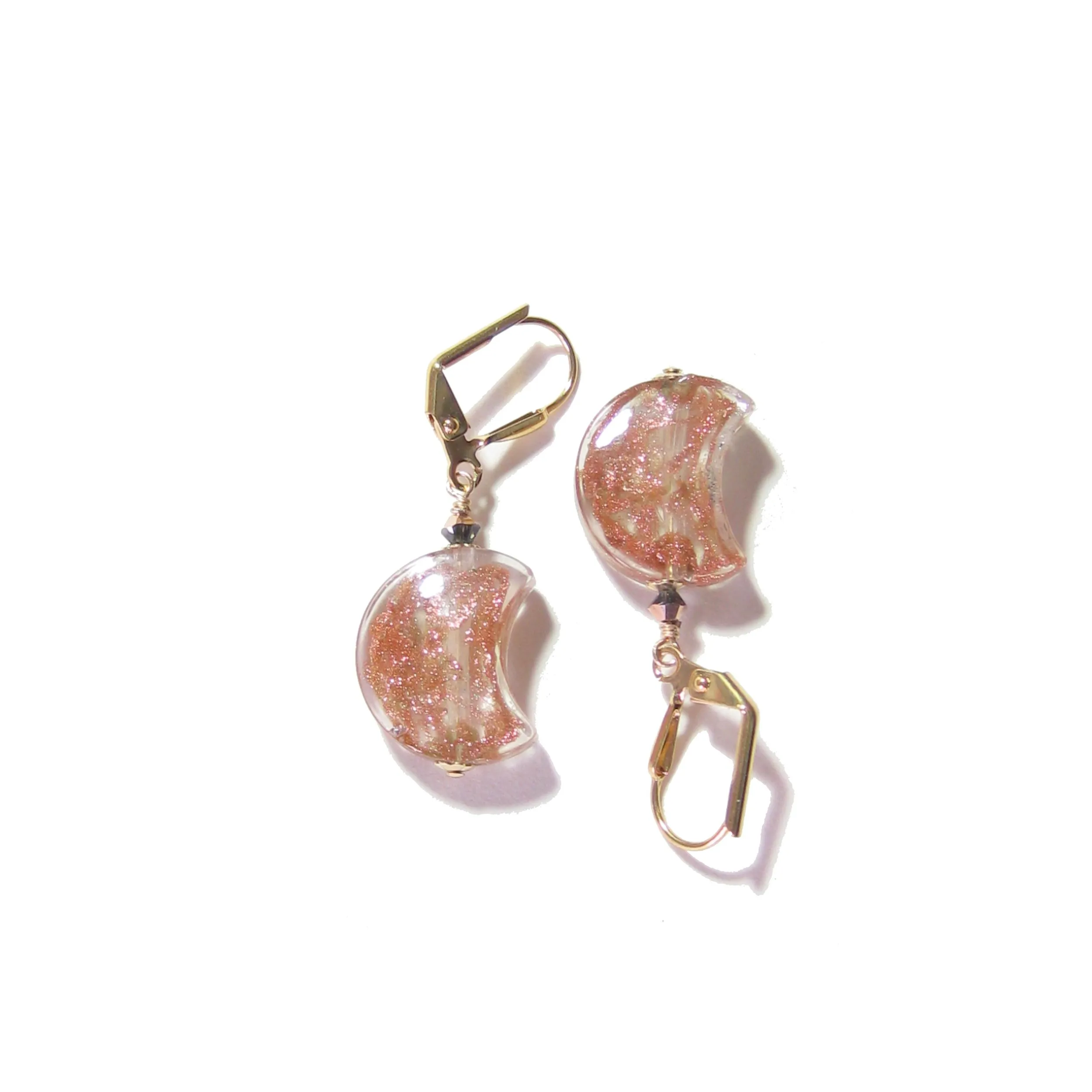 Murano Glass Copper Moon Gold Earrings, Italian Jewelry