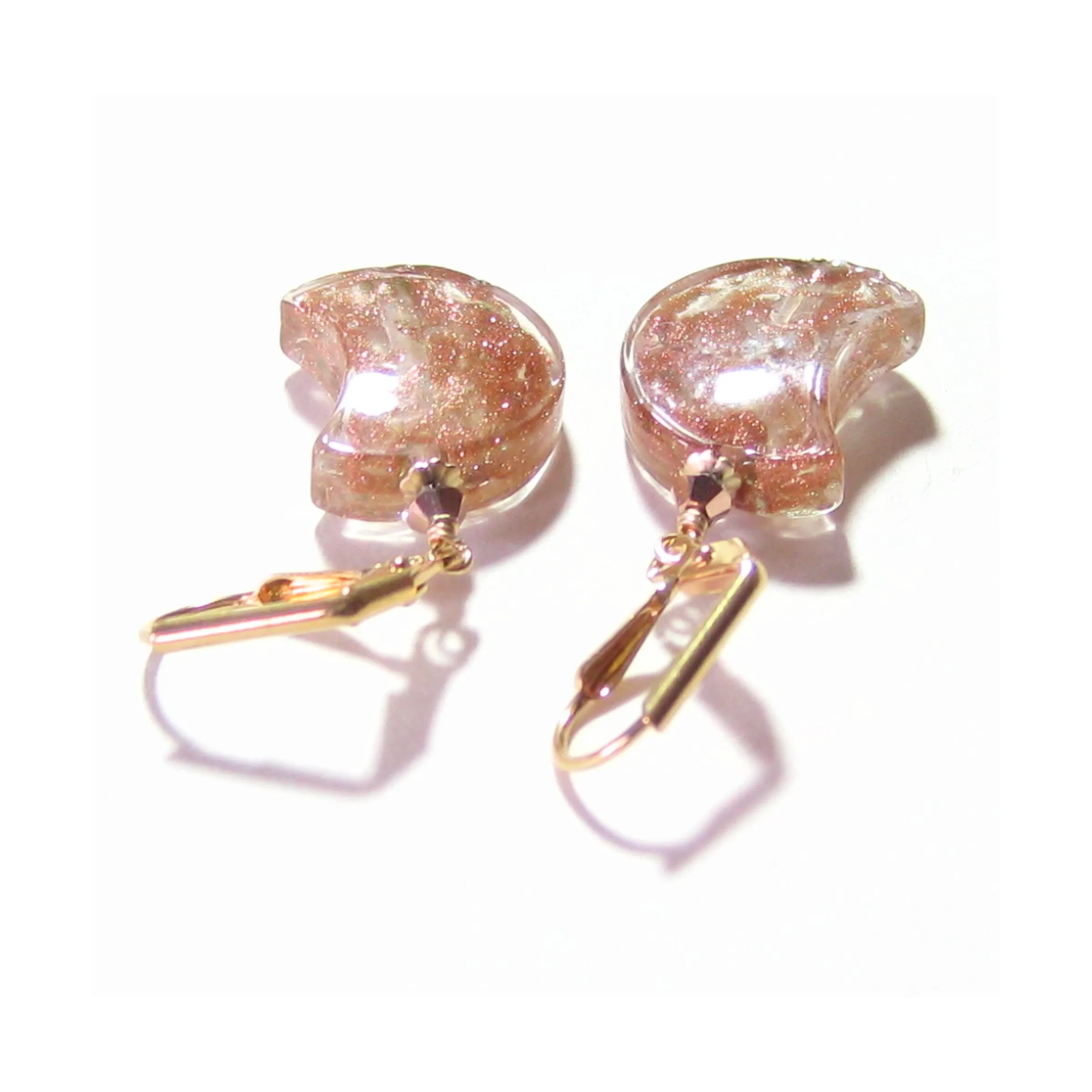 Murano Glass Copper Moon Gold Earrings, Italian Jewelry