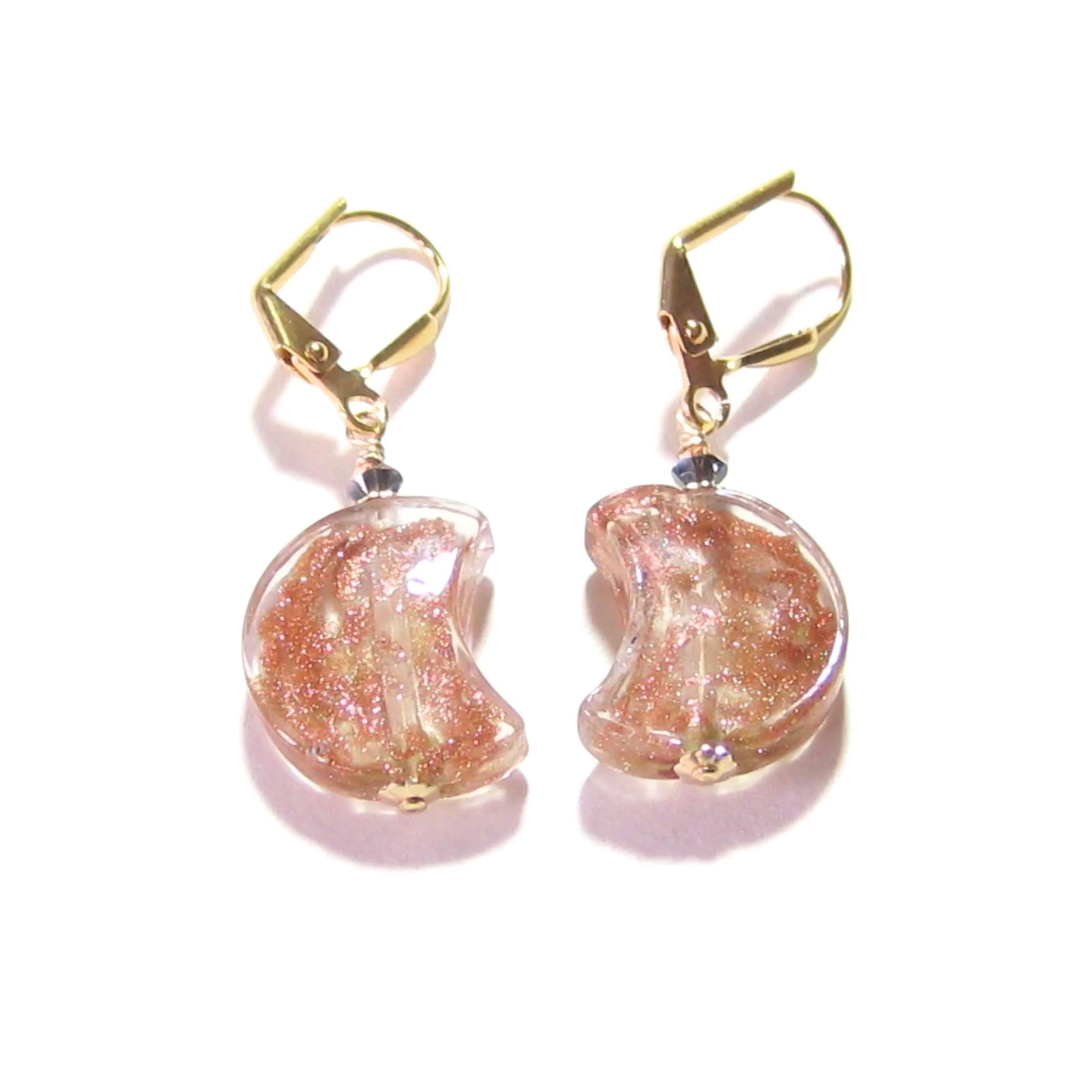 Murano Glass Copper Moon Gold Earrings, Italian Jewelry