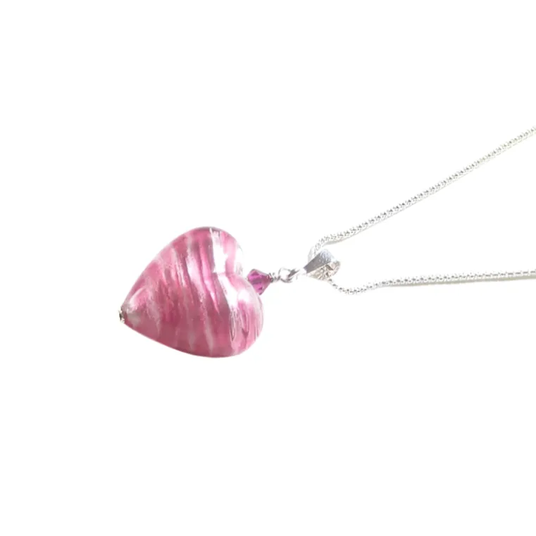 Murano Glass Pink Silver Heart Pendant, Venetian Jewelry