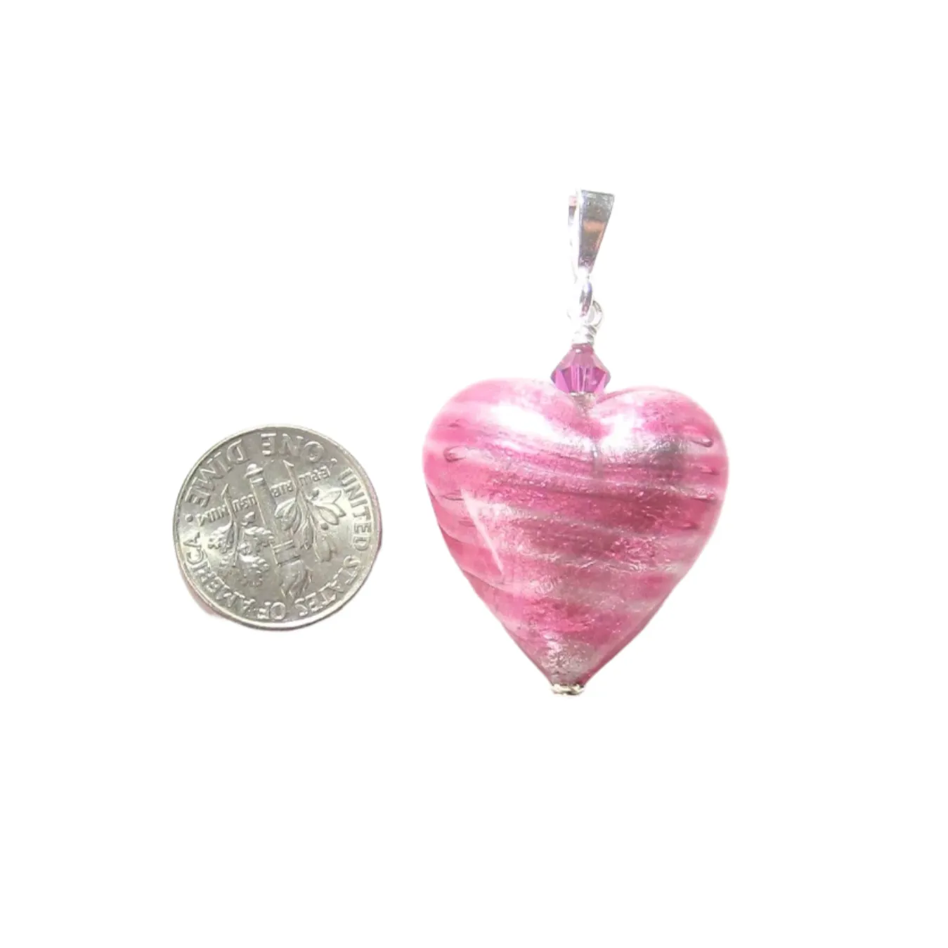 Murano Glass Pink Silver Heart Pendant, Venetian Jewelry