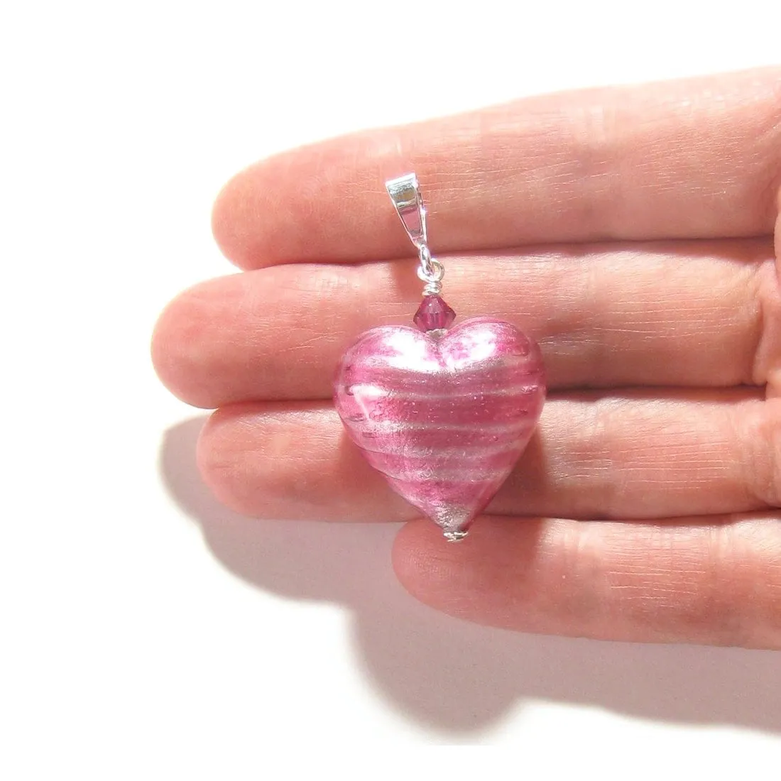 Murano Glass Pink Silver Heart Pendant, Venetian Jewelry
