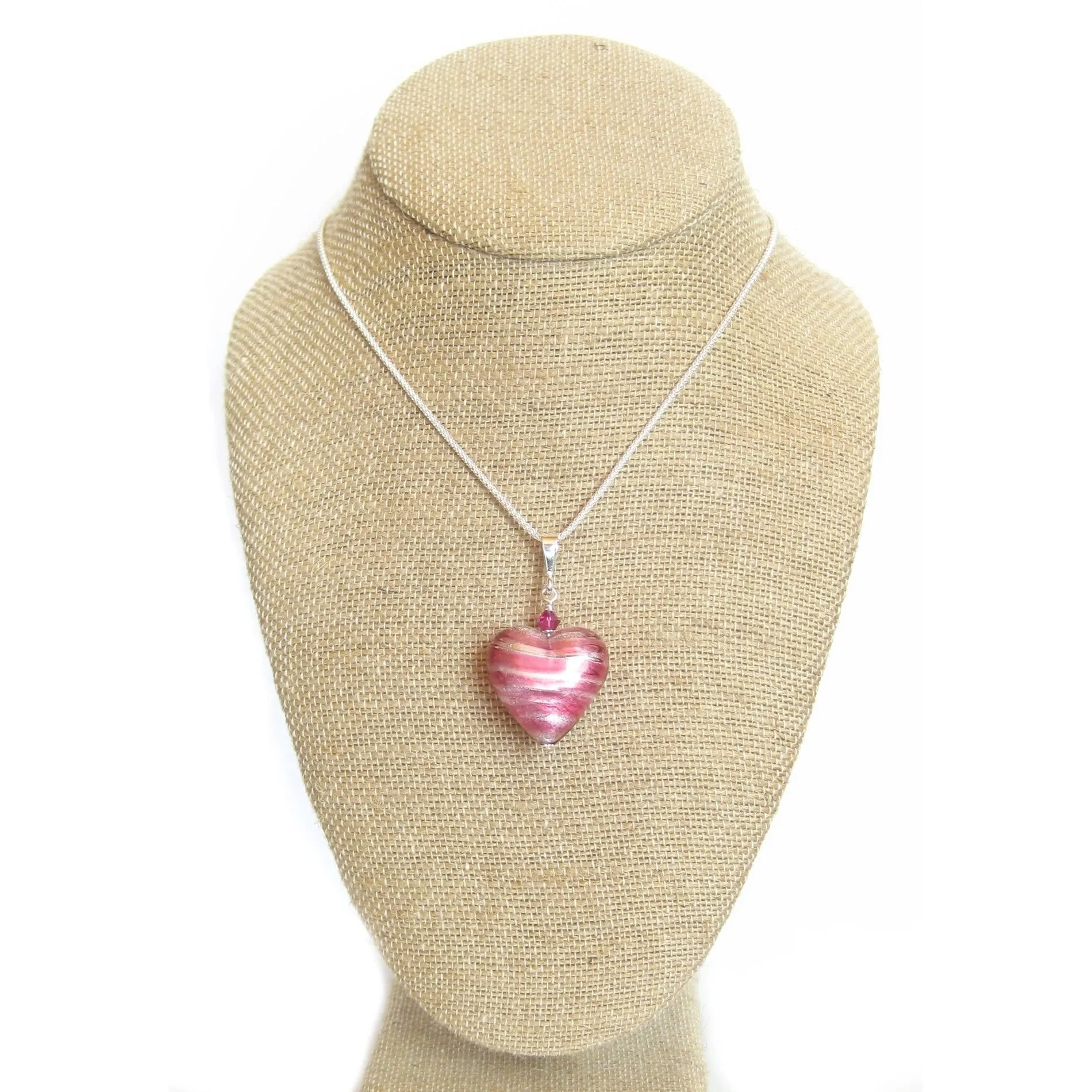 Murano Glass Pink Silver Heart Pendant, Venetian Jewelry