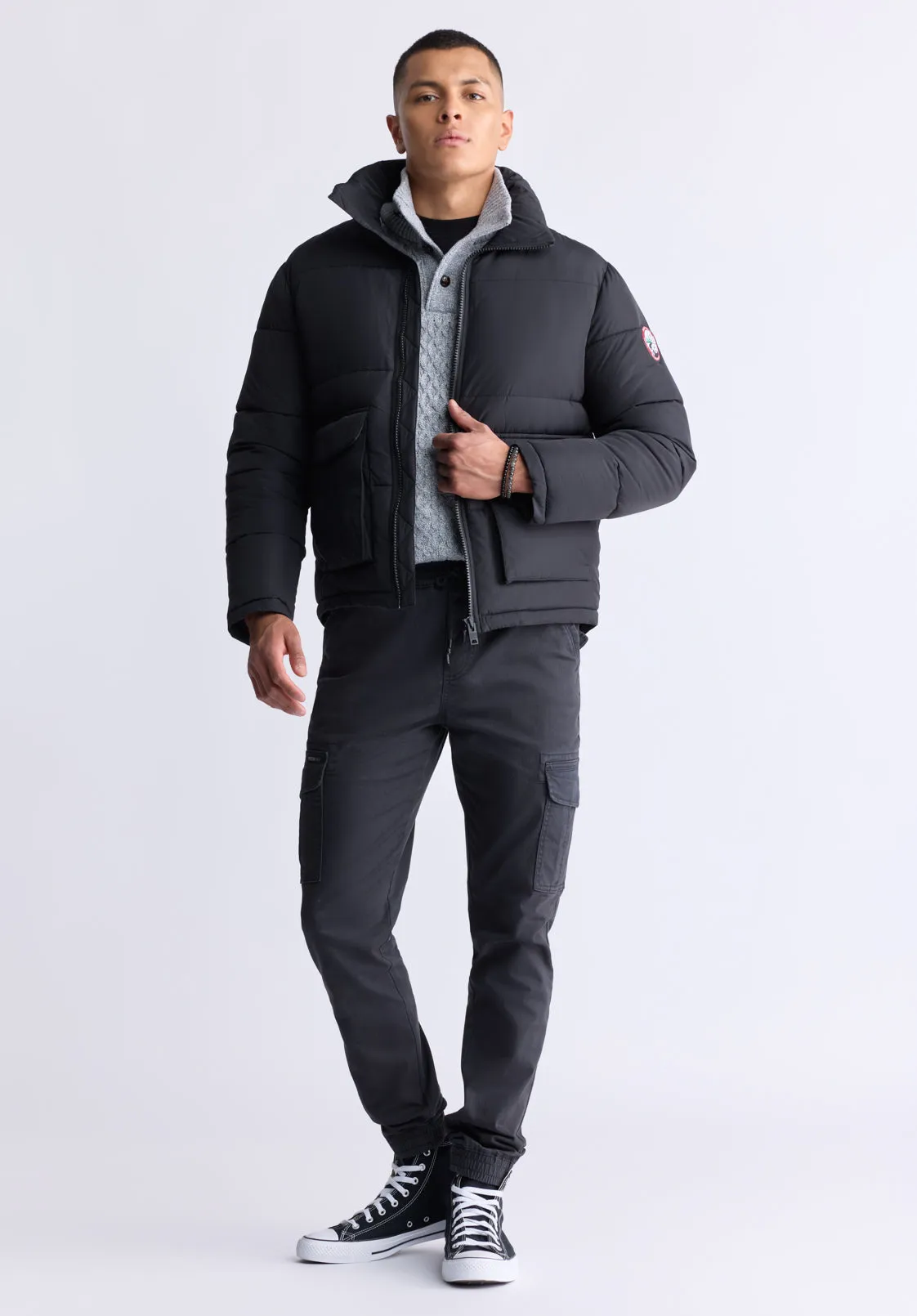 Nate Men’s Zip-up Puffer Jacket with Large Front Pockets, Black - OBMFE001