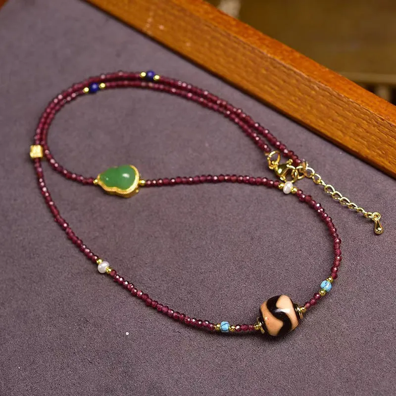 Natural Garnet Necklace with Agate and Tiger Tooth Dzi Bead