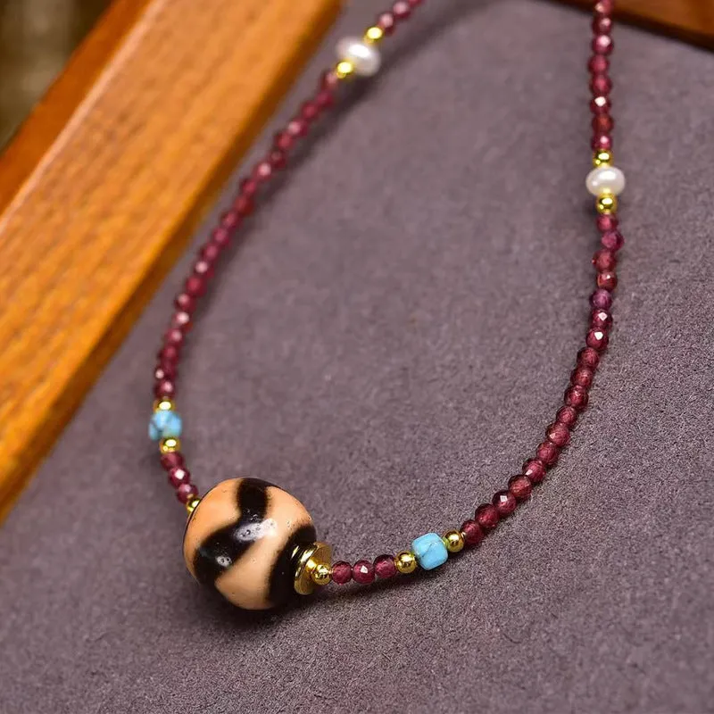 Natural Garnet Necklace with Agate and Tiger Tooth Dzi Bead