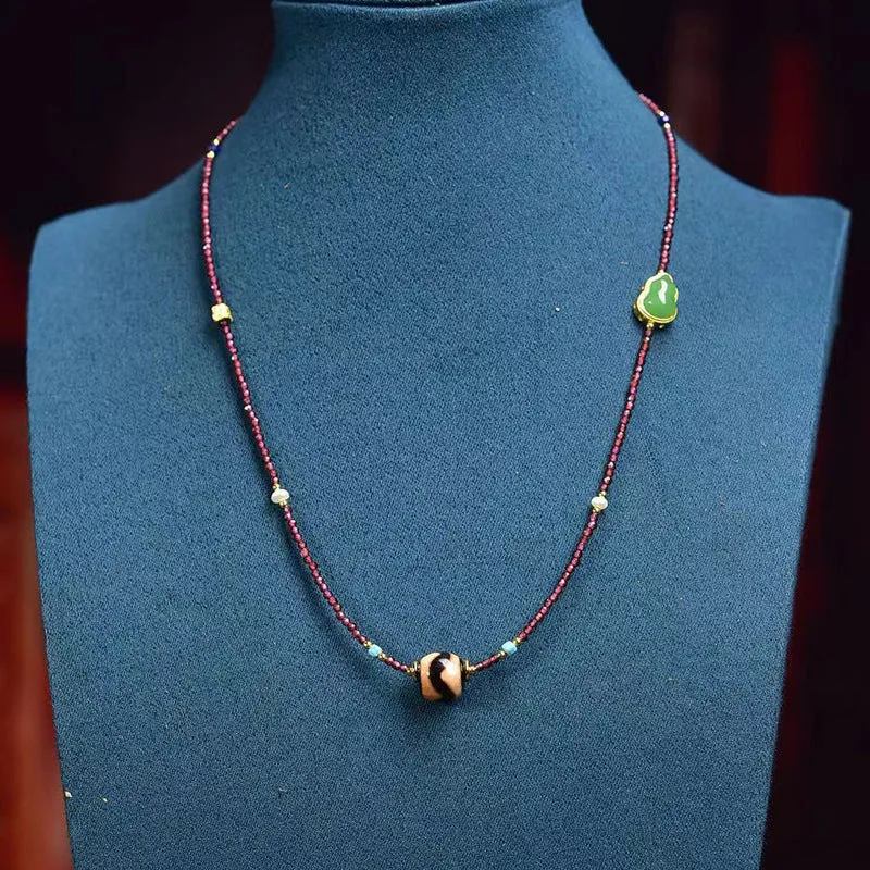 Natural Garnet Necklace with Agate and Tiger Tooth Dzi Bead