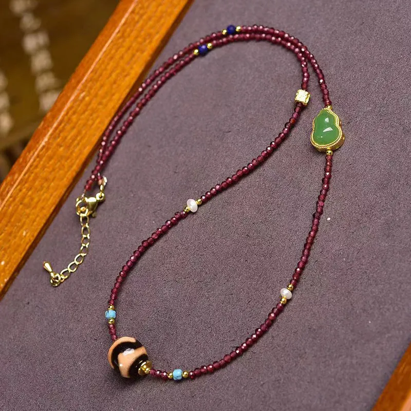 Natural Garnet Necklace with Agate and Tiger Tooth Dzi Bead