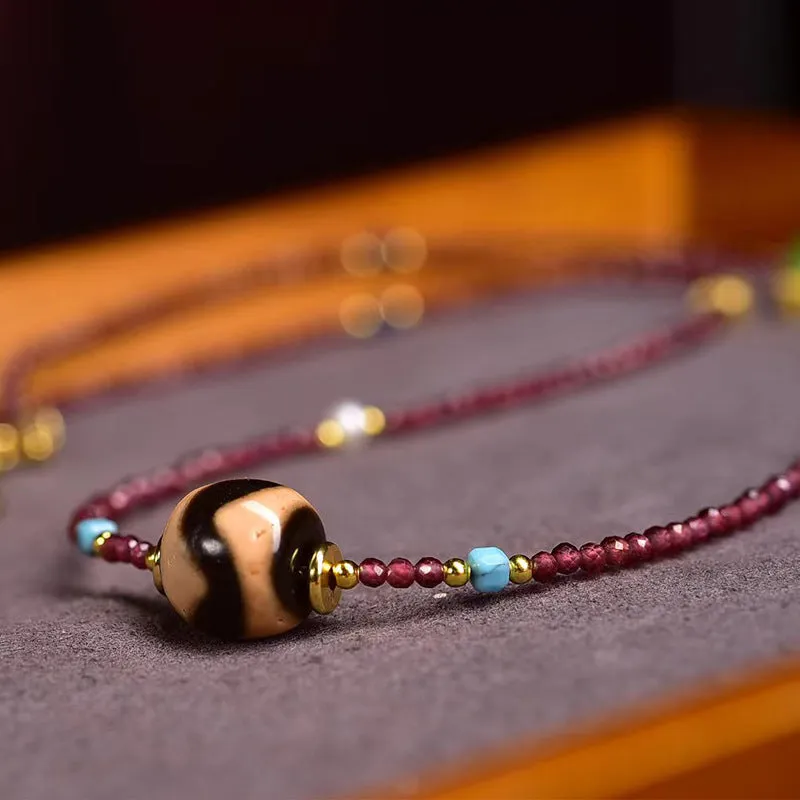 Natural Garnet Necklace with Agate and Tiger Tooth Dzi Bead