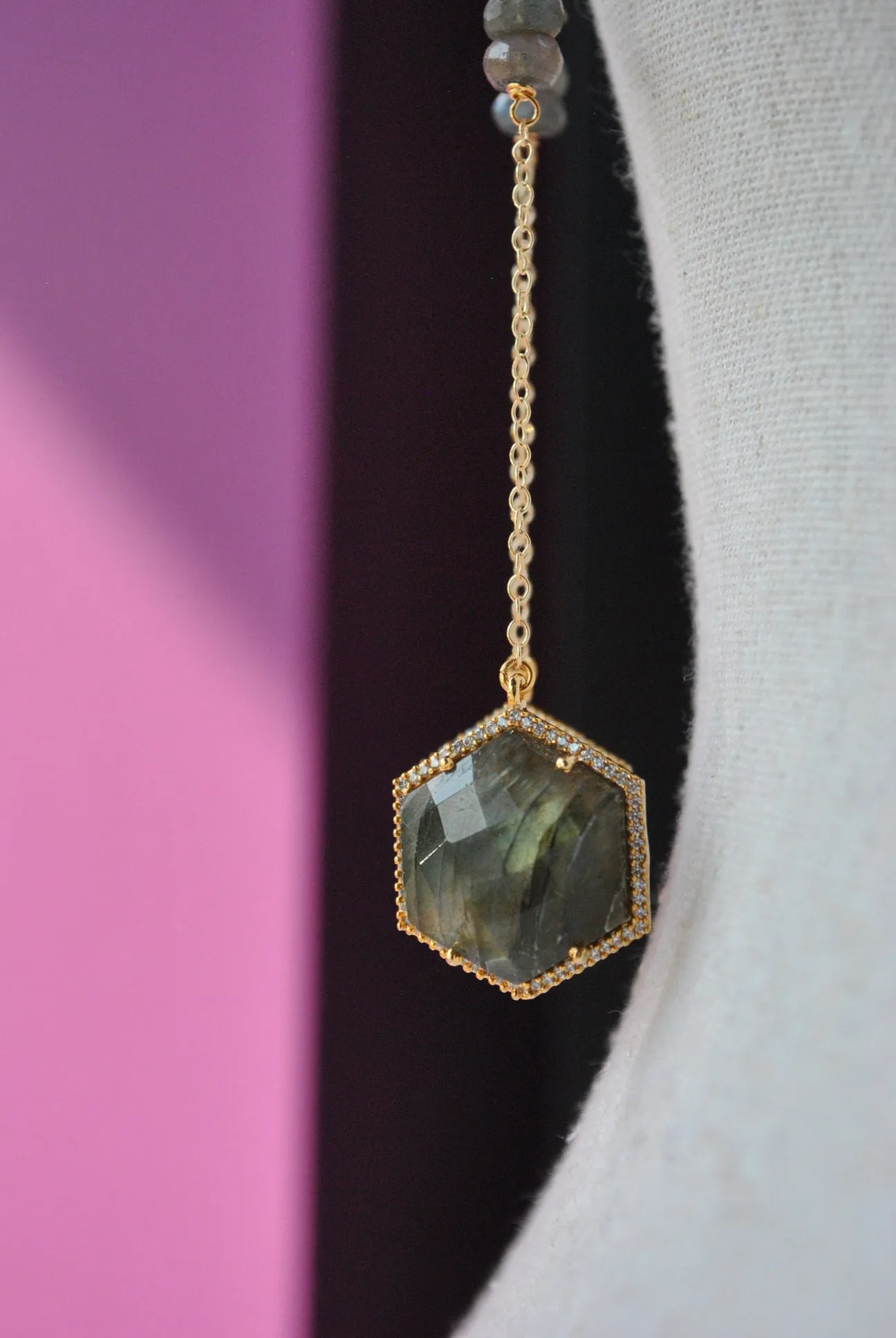 NATURAL LABRADORITE AND RHINESTONES 14KT GOLD ON SILVER LONG EARRINGS