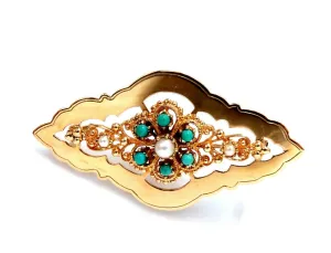 Natural Turquoise & Seed Pearl Open Gilt Etching Patterned Pin 14 Karat