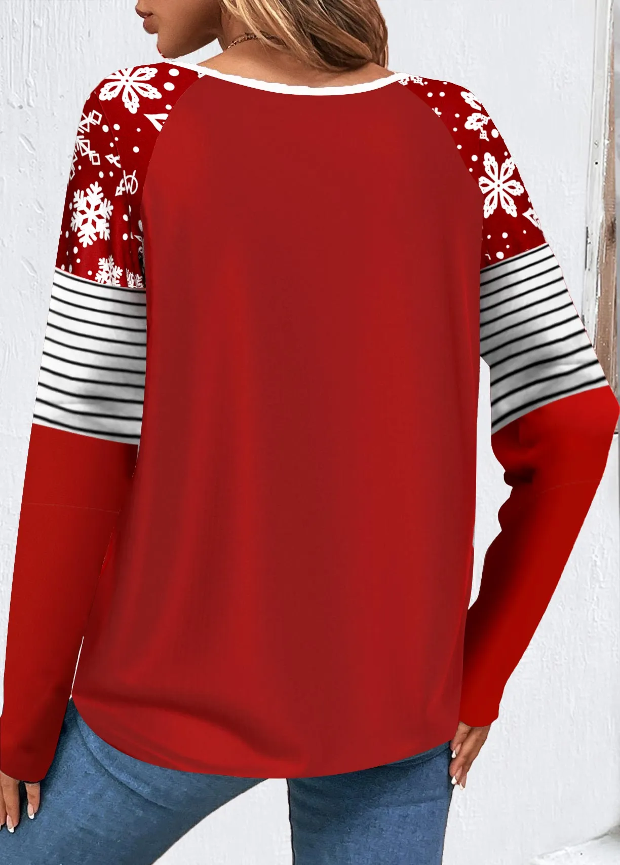 New MODLILY® Red Patchwork Christmas Print Long Sleeve Round Neck Sweatshirt, Sz XL! Retails $49 