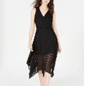 NWOT-Kensie Black dress w/ flowers, metallic gold thread handkerchief hemline.