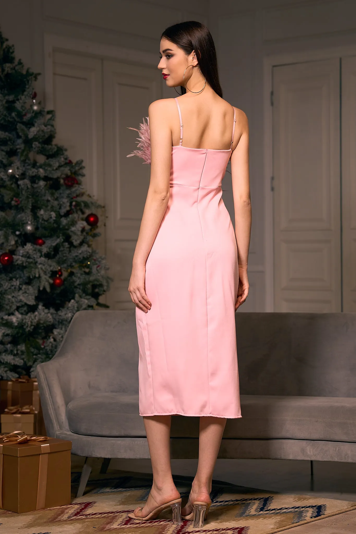 Nyomi Backless Feather Pink Dress