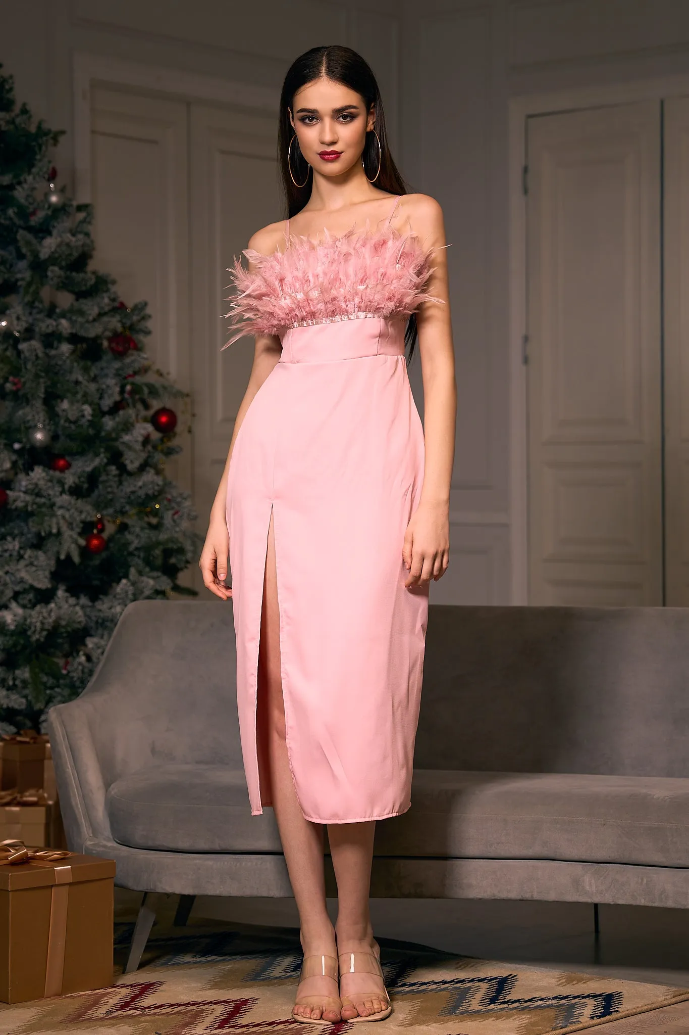 Nyomi Backless Feather Pink Dress