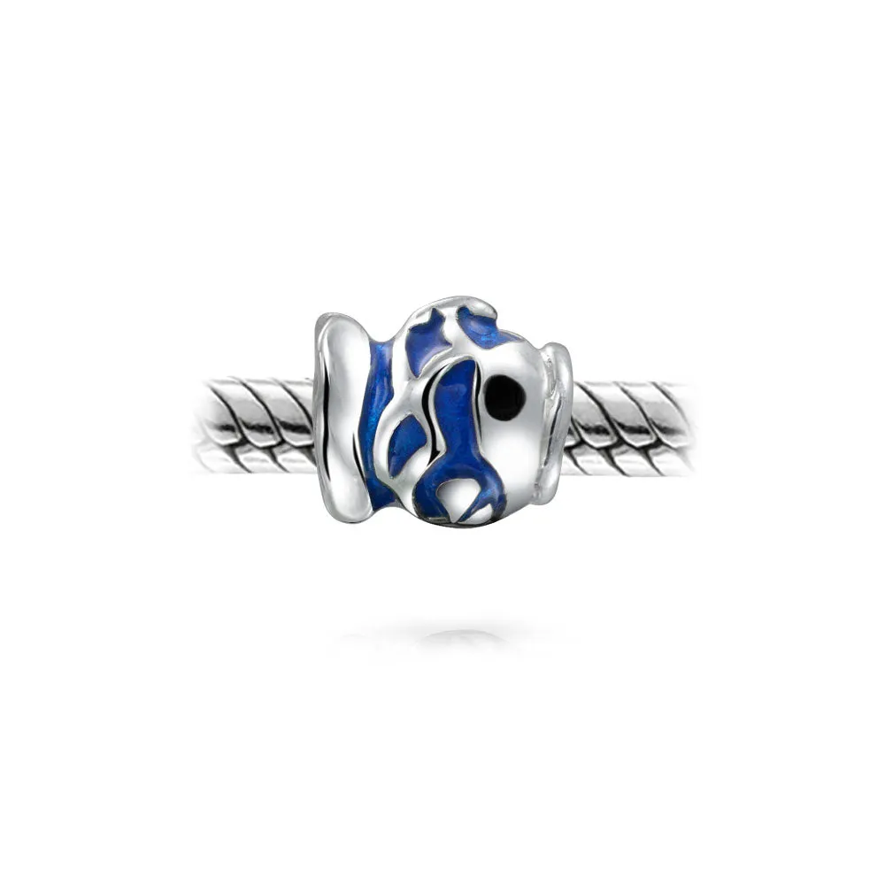 Ocean Blue Enamel Blow Fish Charm Bead Sterling Silver for European Bracelet