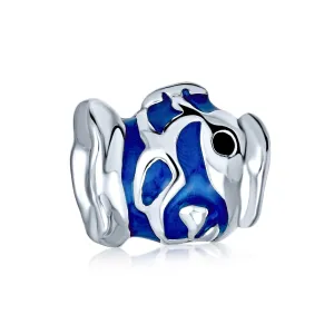 Ocean Blue Enamel Blow Fish Charm Bead Sterling Silver for European Bracelet