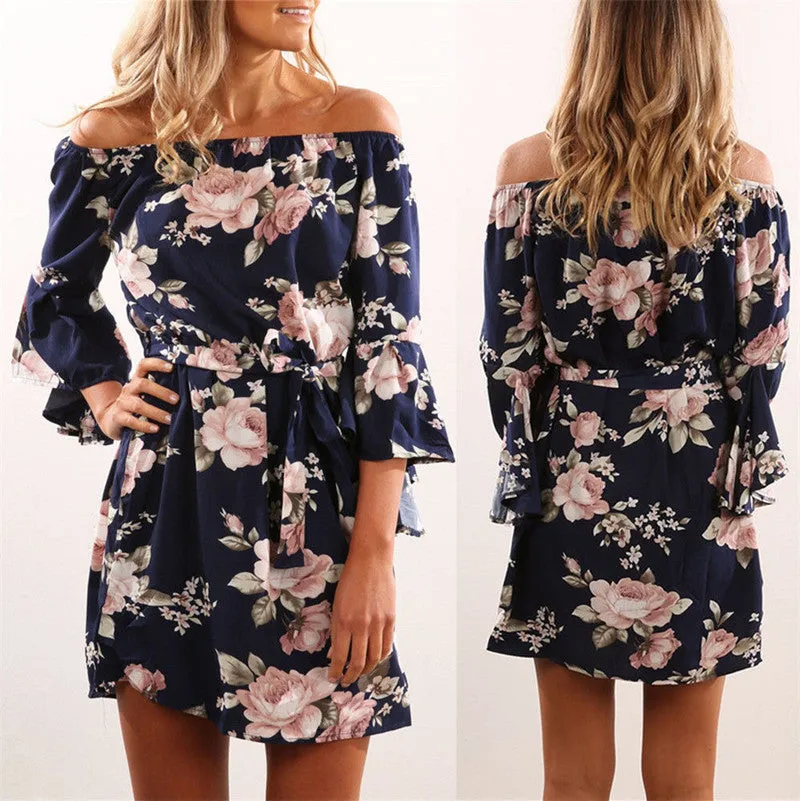 Off Shoulder Floral Print Chiffon Dress