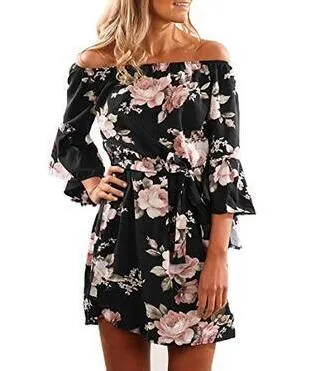 Off Shoulder Floral Print Chiffon Dress