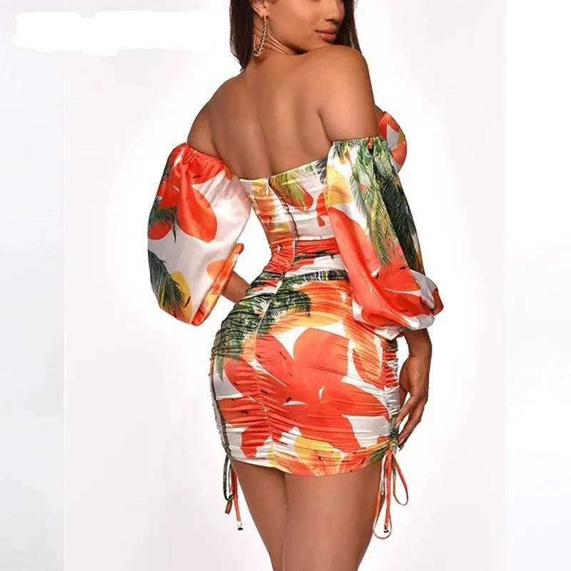 Off Shoulder Long Sleeve Ruched Bodycon Bohemian Beach Pleated Dresses