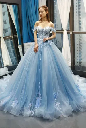 Off Shoulder Sweetheart Lace Ball Gown Blue Prom Dresses