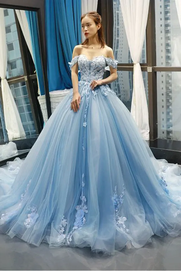 Off Shoulder Sweetheart Lace Ball Gown Blue Prom Dresses